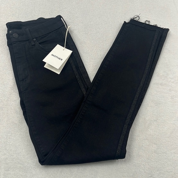 NWT MOTHER 24 Black Party‎ Racer Glitter Striped Sides High Rise Ankle Fray - Picture 1 of 16